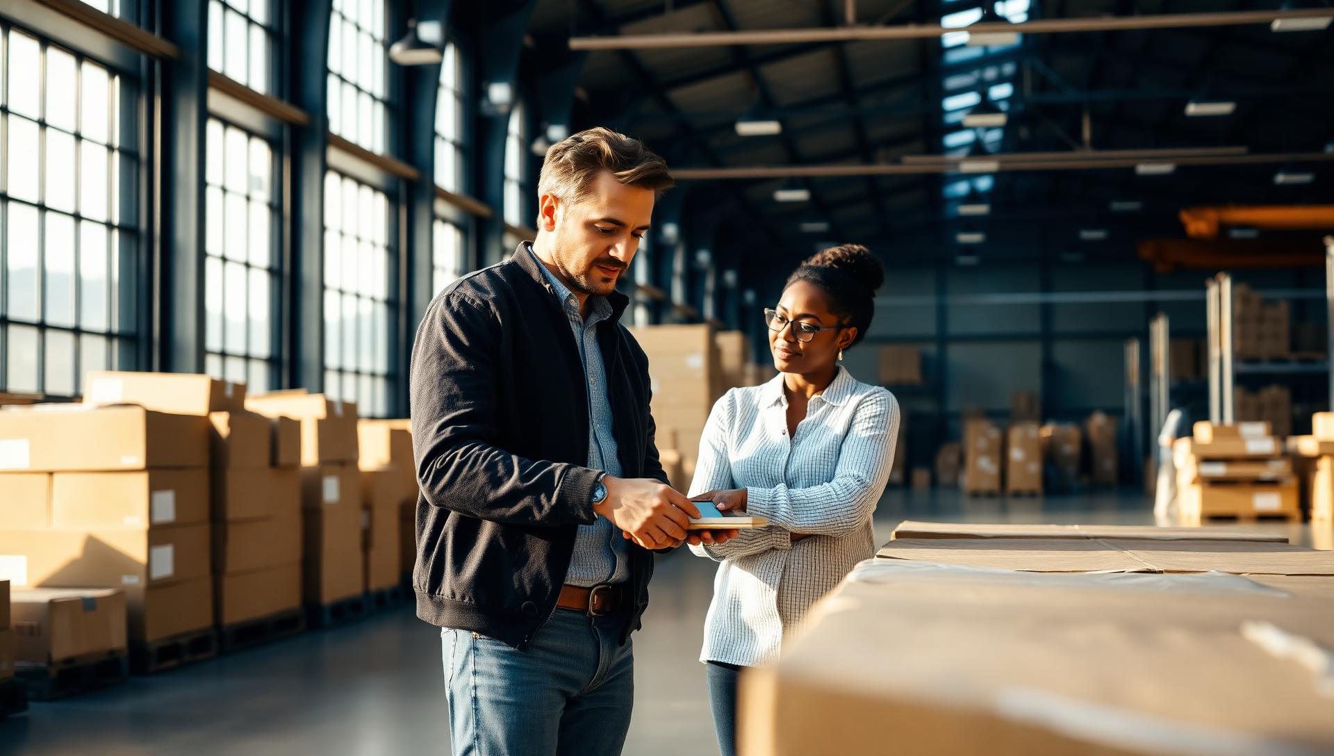 Two entrepreneurs reviewing product inside a warehouse with their supply chain partner